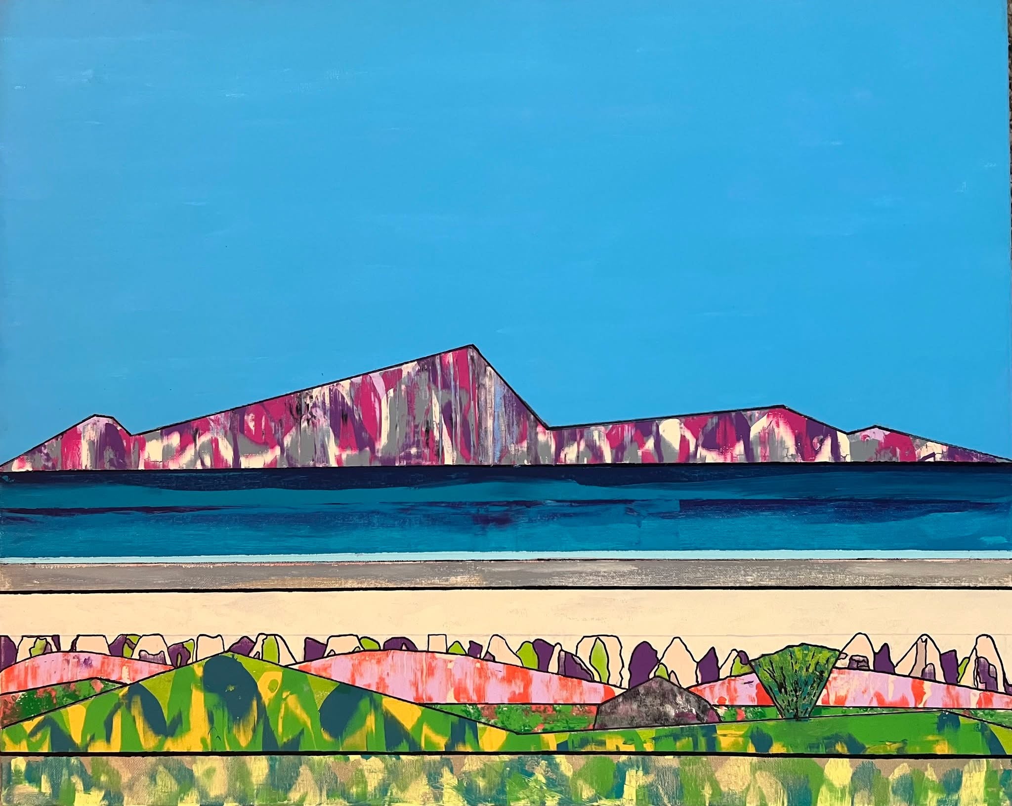 ABSTRACT LANDSCAPE WITH POOL BLUE SKY 24X30